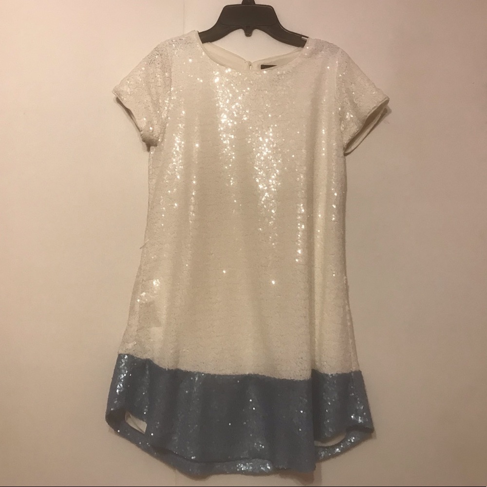 girls white sequin dress with blue accent
